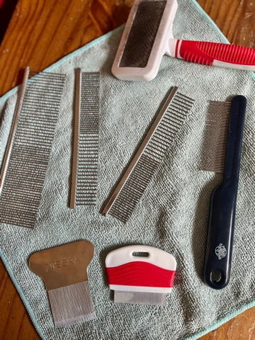 De microvezeldoek, kammen, vlooienkammen en een van de slickerborstels van Marieke